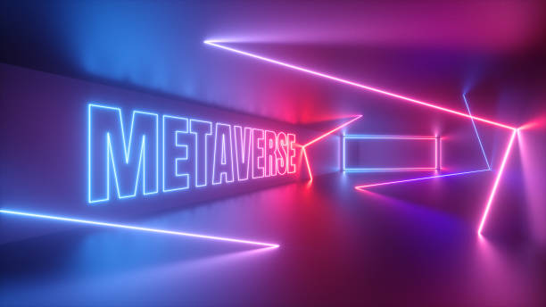 istock 3d render, abstract neon background. Geometric lines and metaverse sign glowing in ultraviolet spectrum inside virtual empty room, cyber space 1374647485