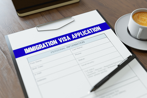 Immigration Visa Application Form with Coffee and Pen. 3D Render