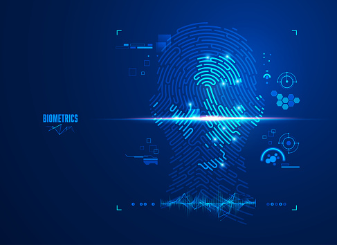 concept of biometrics or face recognition technology, graphic of fingerprint combined with man face and futuristic element