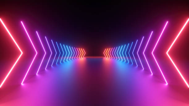 istock 3d render, abstract panoramic pink blue red neon background with arrows showing forward direction 1374648904