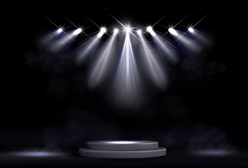 Studio background with realistic podium spotlight and glittering light