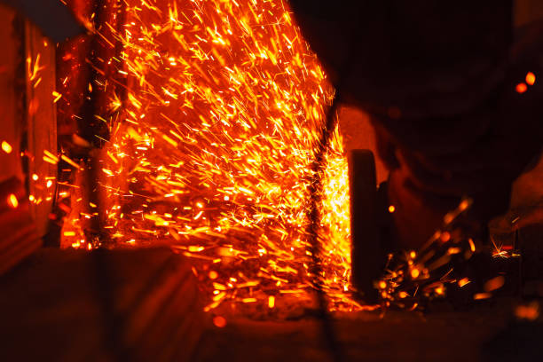 Grinder sparks working with metal . Bright circular sparks  from cutting metal with grinder