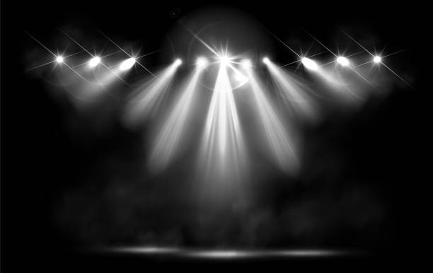 현실적인 연단 스포트라이트를 가진 스튜디오 배경 - stage lighting equipment spotlight illuminated stock illustrations