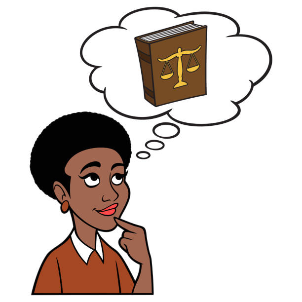 ilustrações, clipart, desenhos animados e ícones de mulher negra pensando na faculdade de direito - law school