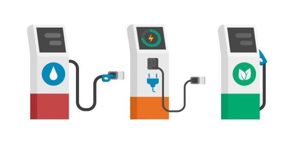 illustrazioni stock, clip art, cartoni animati e icone di tendenza di benzina a gas, elettrico e bio diesel stazioni di rifornimento organico icone vettoriali isolate, caricabatterie biodiesel alternativi pompa serbatoio piatto cartone animato illustrazione clipart design moderno - gasoline electricity biofuel car