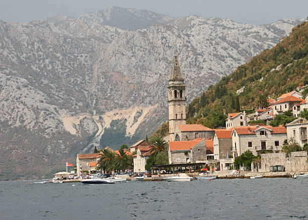 Perast, Montenegro on shoreline of Boka Bay stock photo