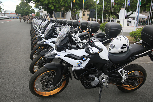 salvador, bahia, brazil - february 17, 2022: motorcycle of the manufacturer BMW used by the Military Police of Bahia in the city of Salvador.