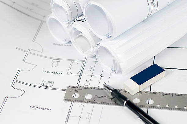 casa redacción blueprints - drafting ruler architecture blueprint fotografías e imágenes de stock