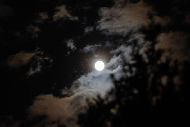 full white moon seen from behind little clouds at night in the dark sky close up view of the full white moon seen from behind little clouds at night in the dark sky deep focus stock pictures, royalty-free photos & images