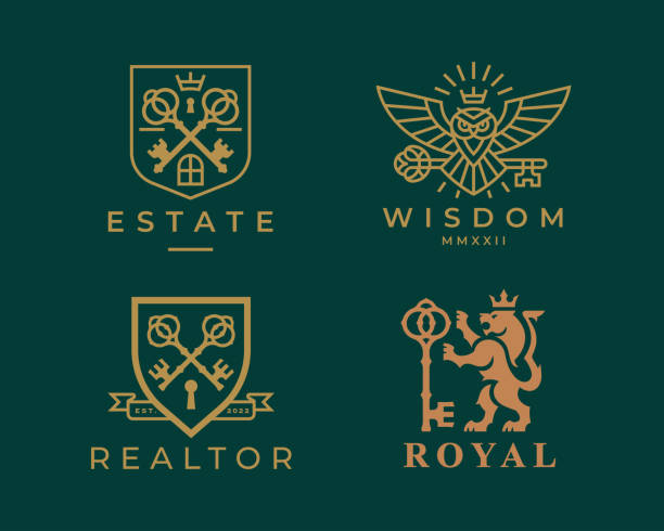 ilustrações, clipart, desenhos animados e ícones de ícone da chave do logotipo imobiliário definido 3 - hotel key illustrations