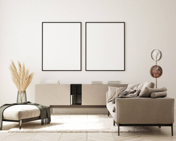 istock mock up poster frame in modern interior background, living room, Scandinavian style, 3D render, 3D illustration 1374697149