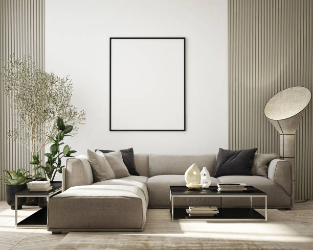 istock mock up poster frame in modern interior background, living room, Scandinavian style, 3D render, 3D illustration 1374697152