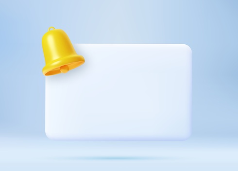 3d render Empty reminder popup, push notification icon with Cute yellow bell. 3D Model render for design. Email web symbol, mobile phone app, template, copy space. Vector illustration