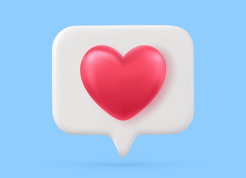 3d social media notification love like heart icon in red pin isolated on white background with shadow 3D rendering. Vector illustration