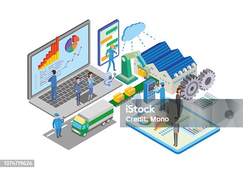 istock Digitized isometric illustration of manufacturing and distribution business 1374719626