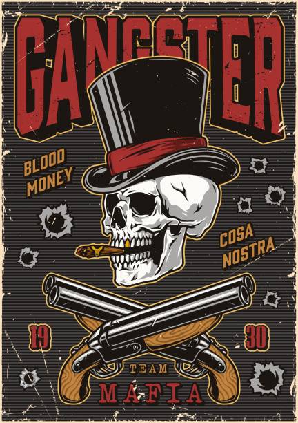 Poster with skeleton skull in top hat Vertical colorful poster with skeleton skull in top hat smoking cigar above crossed rifles against background with bullet holes, vector illustration mob boss stock illustrations