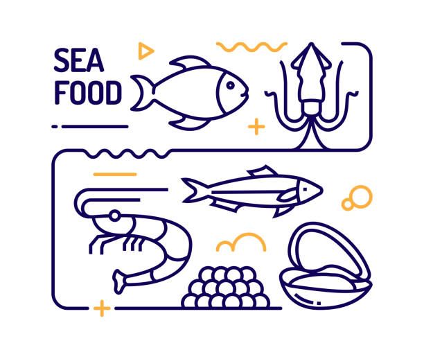 Sea Food Concept, Line Style Vector Illustration Sea Food Concept, Line Style Vector Illustration shrimp prepared shrimp seafood vector stock illustrations