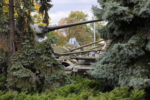 October 4, 2019. Kiev, Ukraine.\nOld war tanks in the museum garden...\nThe Museum of the History of Ukraine in the Second World War is a memorial complex built to commemorate the Great Patriotic War, located south of the capital of Ukraine, Kiev, on the picturesque hills on the right bank of the Dnieper River.