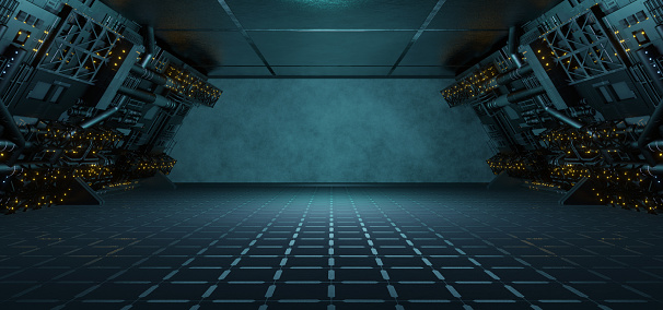 Futuristic Sci Fi Dark Empty Room With Blue Neon Glowing Line 3D Rendering
