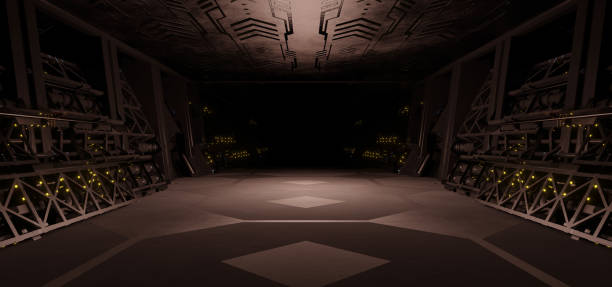 istock Futuristic Technology Corridor Hangar Basement Underground Hallway Innovative Dark Colors Interdimensional 3D Illustration 1374768644
