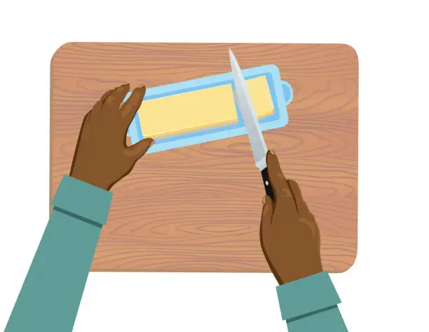 Vector illustration of Overhead View Of Hands Cutting A Stick Of Butter On A Transparent Background
