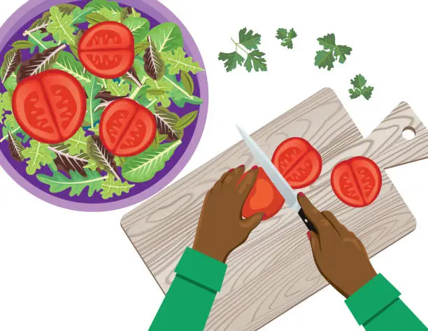 Vector illustration of Overhead View Of Hands Slicing A Tomato For Salad On A Transparent Background
