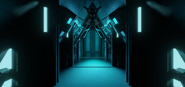 istock Empty Cyber Virtual Reality Futuristic Industrial Room Cutting Edge Light Blue Colors Background Industrial Lab 3D Render 1374771854