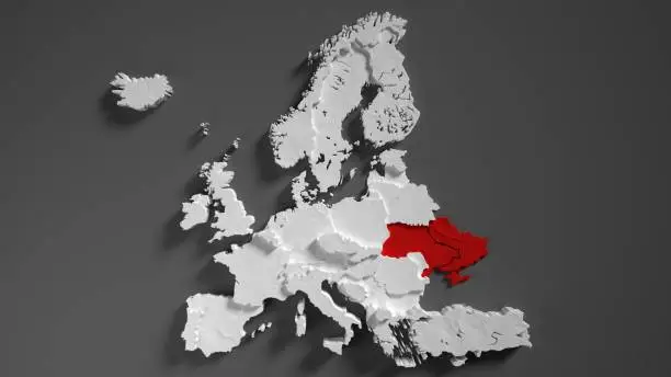 3d map of Ukraine and the European Union, Europe. The concept of joining NATO and war. Relations between Ukraine and Russia. Crimea, Donetsk, Luhansk occupied by Russia territories.