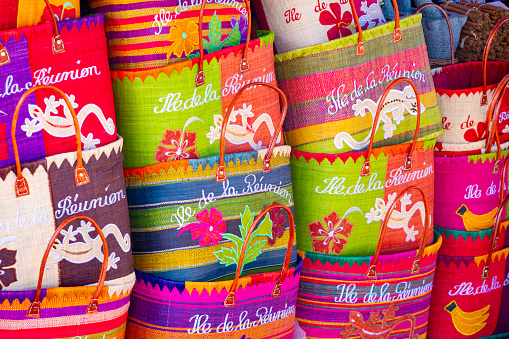 Reunion Island baskets with the typical colors and designs. In Saint Paul Market