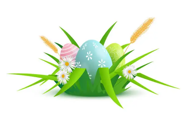 Vector illustration of Cute eggs with festive decoration on nest from green grass and flowers for Happy Easter