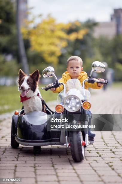 Happy Little Boy Driving A Toy Motorcycle Stock Photo - Download Image Now - Motorcycle, Child, Sidecar