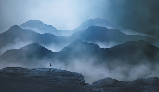 Man silhouette standing in mountain landscape with fog and moody sky. Texture dark digital painting, 3D rendering