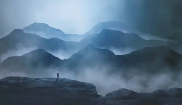 Photo of Man silhouette standing in mountain landscape with fog and moody sky. Texture dark digital painting, 3D rendering