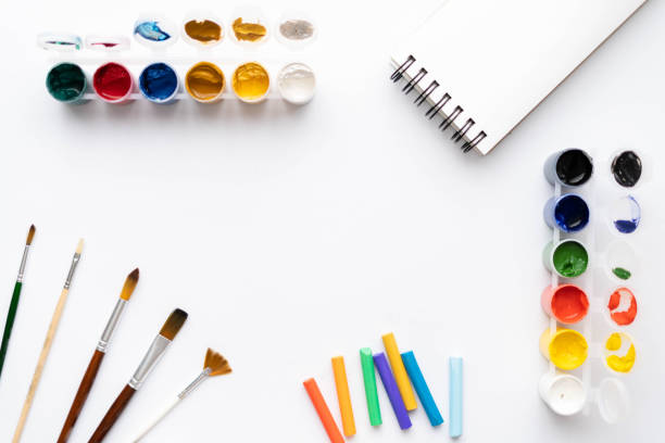istock Flat composition set of artistic tools. Brushes, paints, pencils, pastels for drawing. Place for text. 1374787990