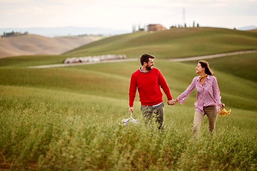 Smiling couple walking in nature holding hands