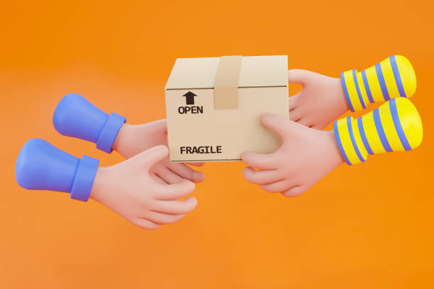 istock Cartoon hand accepting a delivery boxes of containers from deliveryman 1374788927