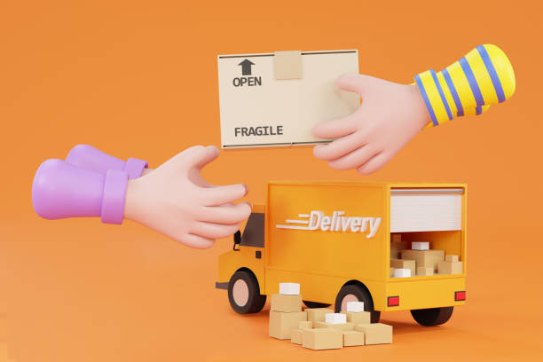 istock Cartoon hand accepting a delivery of boxes from deliveryman. 1374788937