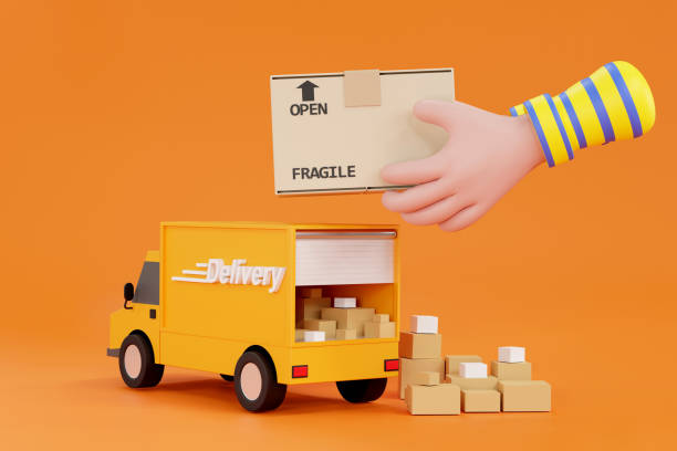 istock Cartoon hand accepting a delivery of boxes from deliveryman. 1374788951