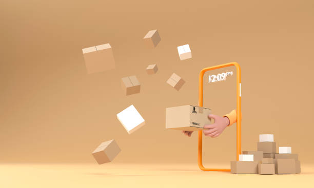istock Cartoon courier hand from smartphone in orange holding cardboard box. 1374789082