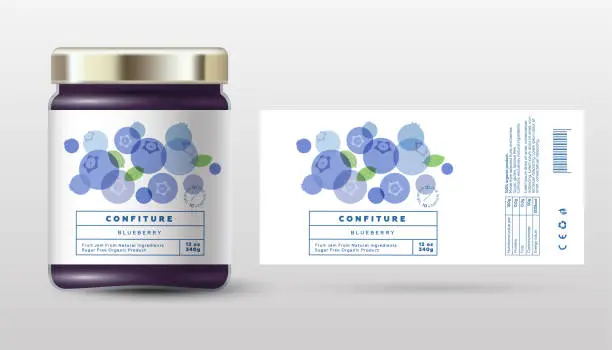 Vector illustration of Blueberry confiture. Sweet jam. Transparent berry fruits. Label and packaging simple design.