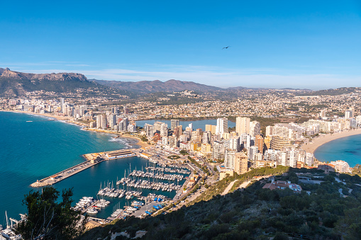 Beautiful view in the Peñón de Ifach Natural Park in the city of Calpe, Valencia, Valencian Community. Spain. Mediterranean sea. View of the Cantal Roig and La Fossa beach
