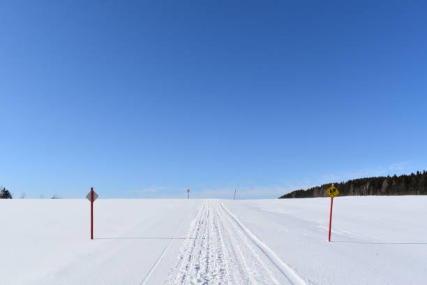 Un ciel bleu A snowmobile trail under a blue sky, Quebec, Canada ciel bleu stock pictures, royalty-free photos & images