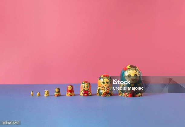 Russian Dolls Also Known As Matryoshka Or Babushka Stacked On A Pink And Blue Background Minimal Concept Stock Photo - Download Image Now