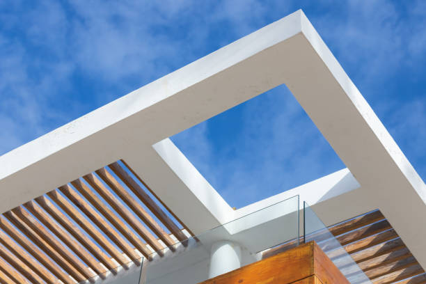istock White concrete corner and wooden sunshade 1374821973