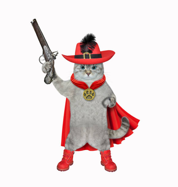 istock Cat ashen in red cloak and hat with pistol 1374835037