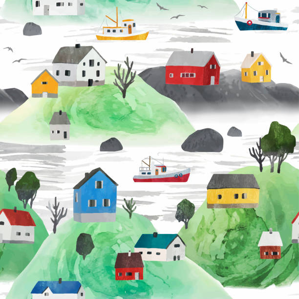 istock Watercolor vector seamless pattern with houses and ships. Scandinavian rural landscape. Seamless pattern for textile, wrapping paper, page fill, web design, wallpaper 1374836794