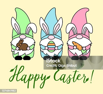 istock Easter Gnome. Happy Easter phrase. Vector cartoon Scandinavian character with bunny ears. 1374841982