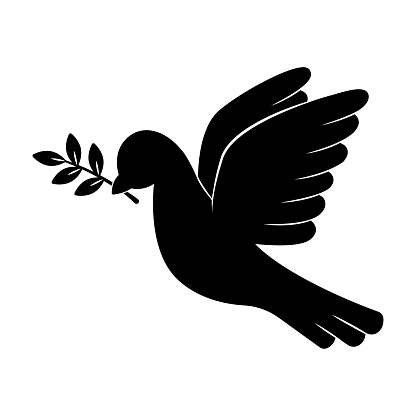 Flying dove of peace with olive branch. Black silhouette on white background. Peace concept. Isolated vector illustration.