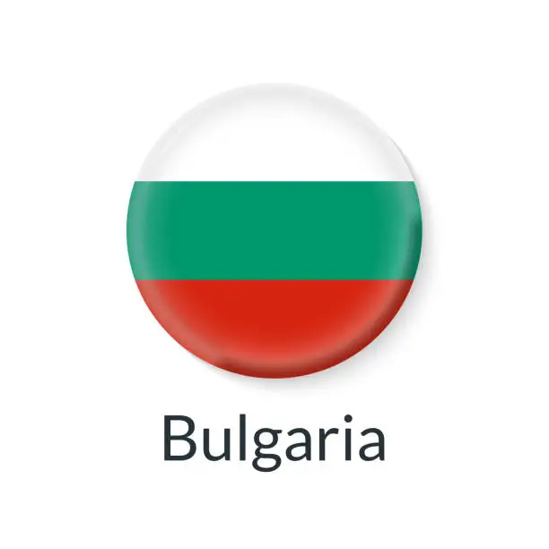 Vector illustration of Bulgaria flag 3d icon, circle badge or button. Round Bulgarian national symbol. Vector illustration.