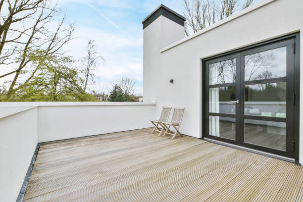 istock Minimalist style balcony with wooden floor 1374870035